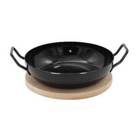 braadpan met houten onderzetter - zwart - 20 cm